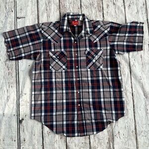 Vintage Ely Plains Plaid Short Sleeve Pearl Snap Rockabilly Button Down Shirt
